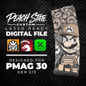 May include: A digital file for laser engraving featuring a cartoon character wearing a hat with an M logo, tactical vest, and holding a rifle. The design includes a background of coins with M logos and text reading PEACH STATE CUSTOM PMAG 30.