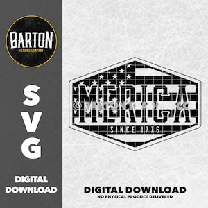 May include: Black and white graphic design of an American flag with the word "MERICA" written across it. The text "SINCE 1776" is below the flag. The design is in a hexagon shape.