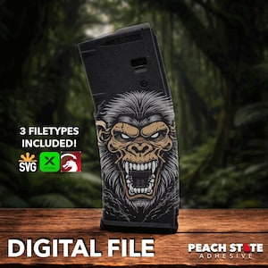 May include: Black digital file featuring a detailed illustration of an angry gorilla with exposed teeth. The text "3 FILETYPES INCLUDED!" and "DIGITAL FILE" are visible. The Peach State Adhesive logo is also present.