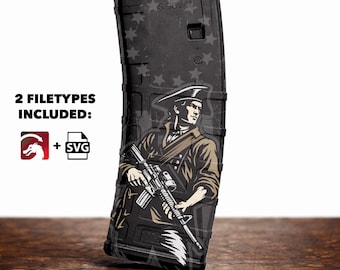 May include: Black magazine with a patriotic design featuring a colonial soldier holding a rifle. The magazine has a star pattern and the text "6.5 Grendel". The image includes the text "2 Filetypes Included:" with a dragon logo and an SVG icon.