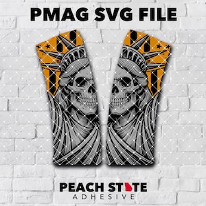 May include: Two graphic designs featuring a skull with the Statue of Liberty's crown, set against a yellow and black striped background. The text "PMAG SVG FILE" is at the top, and "PEACH STATE ADHESIVE" is at the bottom.