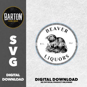 Pode incluir: Design de logotipo em preto e branco para Beaver Liquors, uma empresa comercial fundada em 1969. O logotipo apresenta um castor sentado em um tronco com o texto "Beaver Liquors" em uma moldura circular.