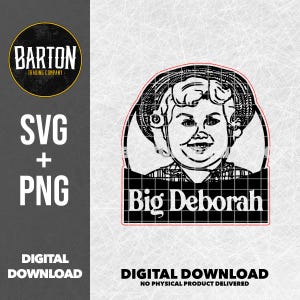 Puede incluir: Ilustración digital en blanco y negro de una niña con una gran sonrisa que lleva un sombrero y una camisa a cuadros. El texto "Big Deborah" está escrito en negrita debajo de la imagen.