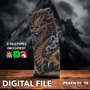 May include: A digital file featuring a detailed illustration of a golden dragon with gray accents. The dragon design is on a black and gray background. The text "3 FILETYPES INCLUDED!" and "DIGITAL FILE" are also visible.