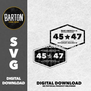 以下が含まれることがあります： 「MAKE AMERICA★★ 45★47 ★★GREAT AGAIN★★」というテキストが書かれた六角形の標識の白黒デジタルダウンロードSVGファイルです。