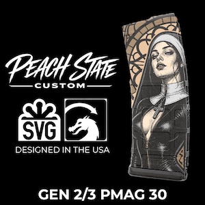 May include: Black and tan magazine with a graphic of a nun with a cross pendant. The magazine has a black base and a tan upper portion with a stained glass design. The text "Peach State Custom" and "Designed in the USA" are also visible.