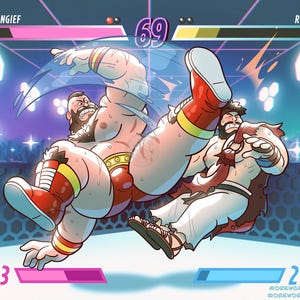 Pode incluir: Ilustração digital de uma cena de jogo de luta com dois personagens, Zangief e Ryu, em combate. Zangief, em vermelho e amarelo, está atacando, enquanto Ryu, em branco e marrom, está se defendendo. O fundo é um estádio estilizado com indicadores de pontuação.