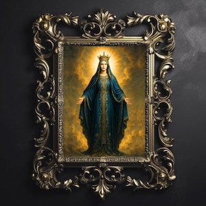Queen Virgin Mary Print | Catholic Religious Art | Blessed Mother with Crown | Moody Gold and Blue Christian Wall Decor | Digital Download