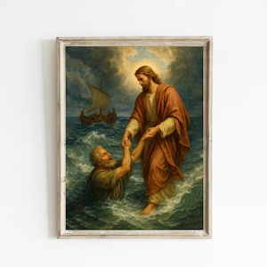 Puede incluir: Obra de arte religiosa enmarcada que representa una escena bíblica. Una figura con una túnica marrón extiende una mano a otra figura en el agua. Un barco con varias figuras navega en el fondo. La obra está enmarcada en un marco de madera clara.