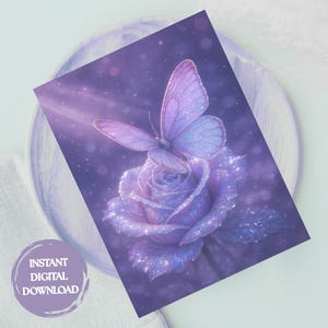 Lavender Rose And Butterfly Wall Art | Fairycore Pastel Print With Sparkle | Fantasy Floral Poster For Girls Room | Nursery Digital Download