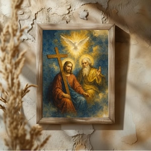 Könnte beinhalten: Gerahmtes religiöses Kunstwerk, das Jesus mit einem Kreuz, einer weiteren Figur und einer Taube in einer himmlischen Szene zeigt. Das Kunstwerk verwendet warme Farben und einen Holzrahmen, ideal für die Heimdekoration.