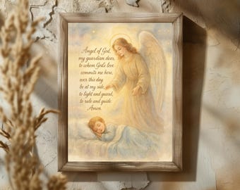 Impression murale prière ange gardien | Art de prière pour chambre d'enfant catholique | Cadeau de baptême pour bébé
