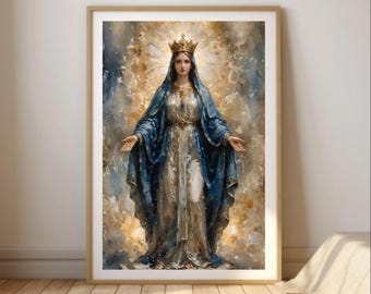 Queen Virgin Mary Print | Christian Religious Poster | Blessed Mother Artwork | Catholic Digital Download