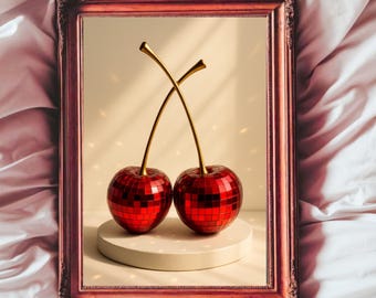 Disco Red Cherry Wall Art Print | Fun Home Decor | Unique Gift | Retro Kitchen or Lounge | Modern Art | Retro Vibes | Brighten Up Your Space