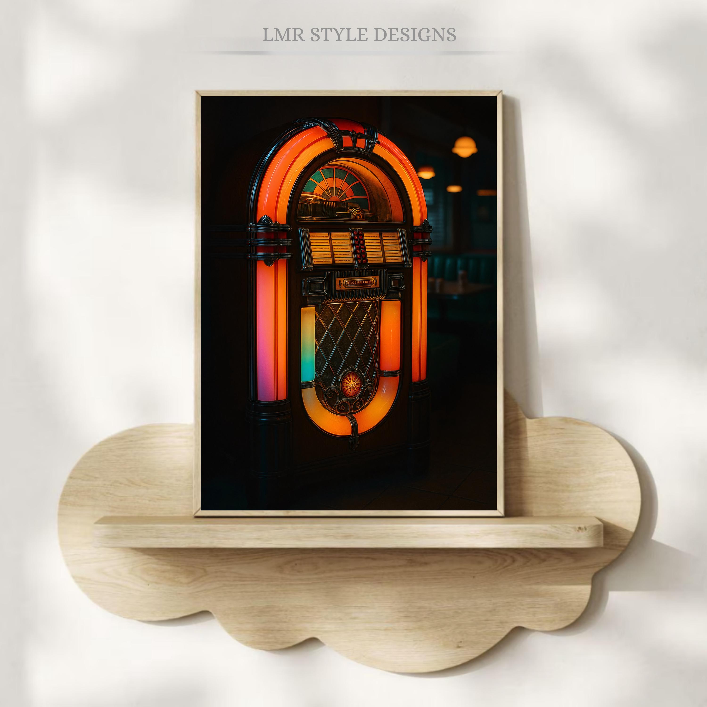 Retro Jukebox Print | 1950s Diner | Orange Neon Music Room Art