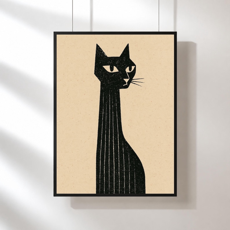 Mid Century Black Cat Wall Art | Modern Cat Print | Minimalist Feline ...