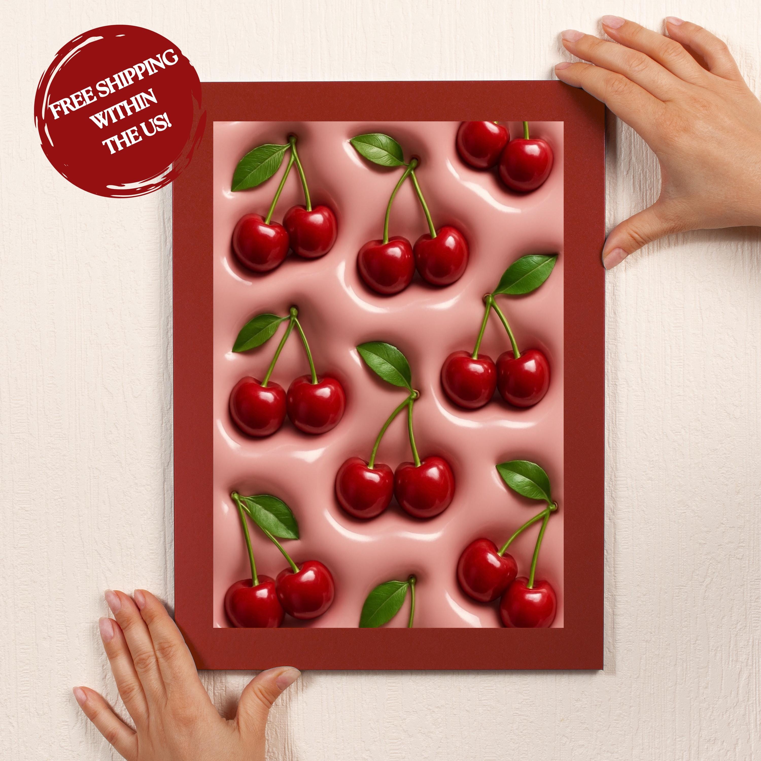 Cherry Wall Art Print | Girly Retro Room | Bold Fruit Pattern for Bedroom or Kitchen | Red Cherries on Pink Background | Retro Fruit Poster