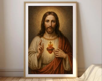 Sacred Heart of Jesus Catholic Wall Art | Divine Mercy Portrait Print | Religious Christian Decor | Jesus Sacred Heart Painting | Spiritual