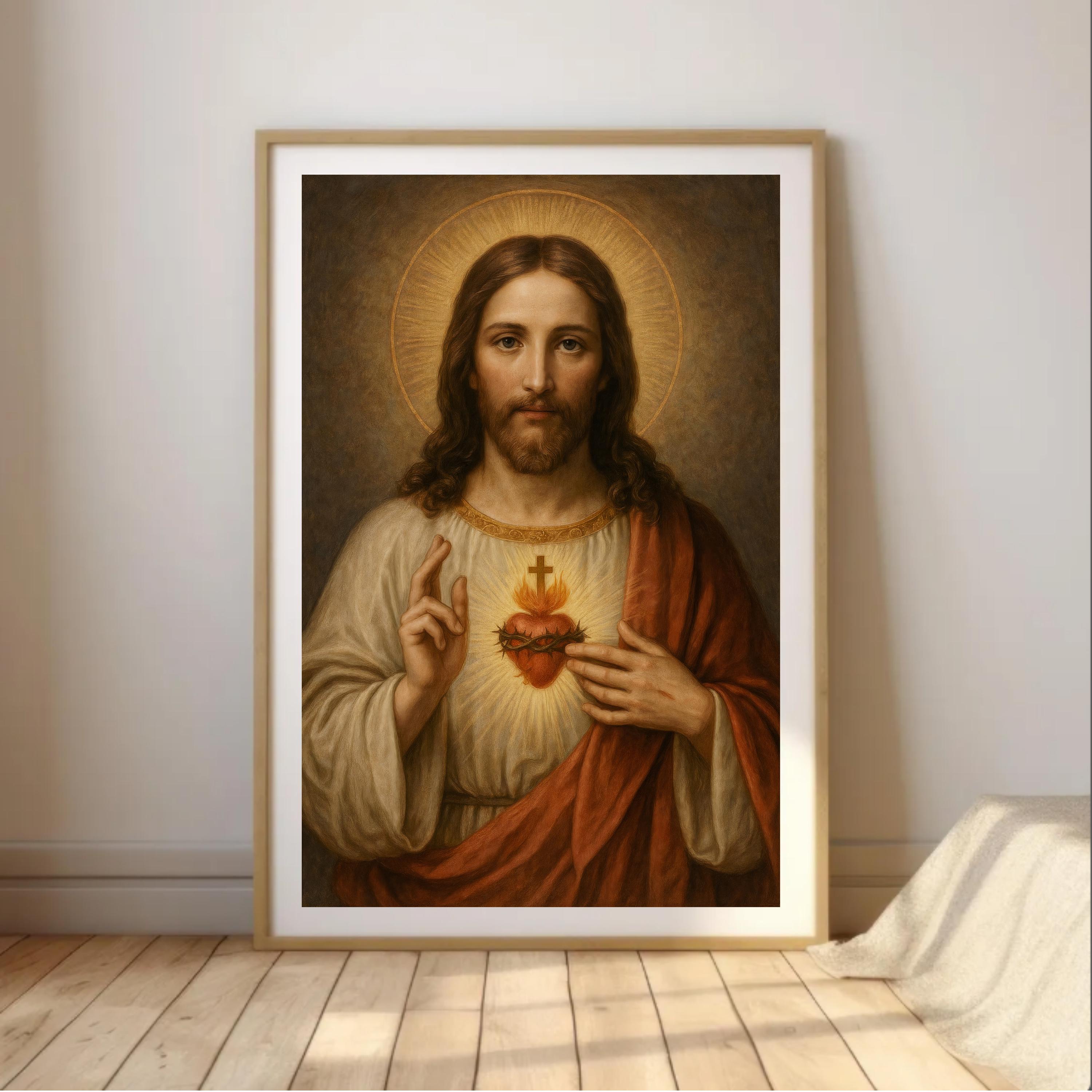 レザーアート ハンドメイド イエスキリスト 壁掛け イエスの聖心のカトリック壁アート | 神の慈悲の肖像画プリント | 宗教