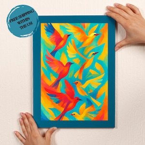 Colorful Birds Wall Art | Vibrant Modern Print | Canvas Wall Art | Bold Tropical Boho Decor | Abstract Nature Artwork | Birds Flying