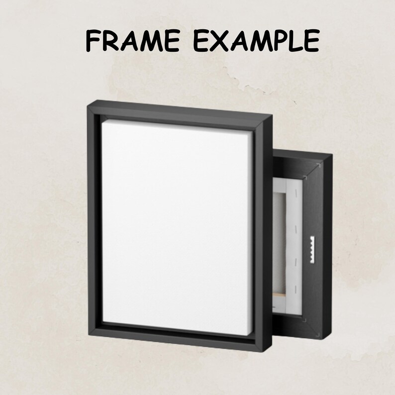 Peut inclure: Exemple de cadre noir avec un insert de toile blanche. Le cadre a une fine bordure noire et un passe-partout blanc.