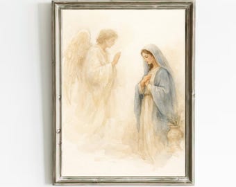 Die Verkündigung Wandkunst | Engel Gabriel und Mary Druck | Christliche Aquarell Malerei | Religiöse Bibel Wohnkultur | Digitaler Download