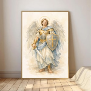 Könnte beinhalten: Aquarellmalerei eines Engels mit großen weißen Flügeln, einem goldenen Heiligenschein und Rüstung. Der Engel hält ein Schwert und einen Schild mit einem goldenen Kreuz. Das Kunstwerk ist in einem hellbraunen Rahmen gerahmt.