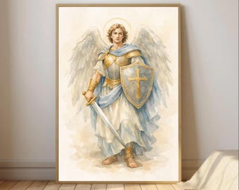May include: Watercolor painting of an angel with large white wings, a golden halo, and armor. The angel holds a sword and a shield with a gold cross. The artwork is framed in a light brown frame.