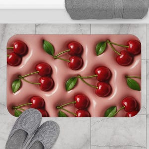 Cherry Bathroom Mat | Fruit Inspired Bath Mat | Fun Red Cherry Bath Mat | Sweet Cherry Bathroom Decor | Colorful Fruit Bath Mat Accessories