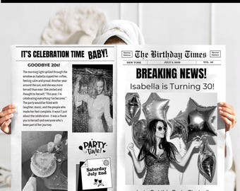 Custom Birthday Newspaper Editable Newspaper Birthday Invitations Printed and Shipped Photo Gift for Her 50th 40th 30th Birthday