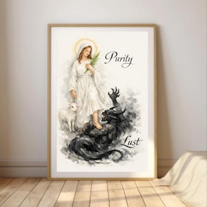 May include: Framed art print showing a woman in a white gown with a halo, holding a palm branch, and standing on a dark creature. A white lamb stands nearby. The words "Purity" and "Lust" are written on the print.