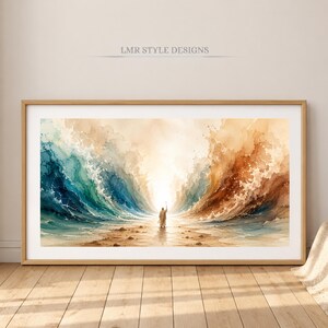 Cuadro de Moisés separando el Mar Rojo / Decoración cristiana imprimible para pared / Ilustración de historia bíblica / Lámina religiosa en acuarela / Regalo de inspiración religiosa