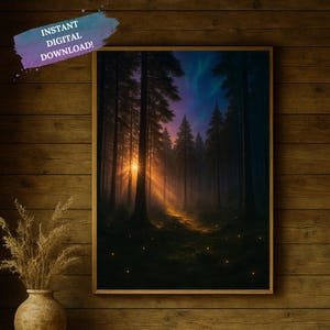 Sunset Forest Fireflies Wall Art | Glowing Enchanted Trees, Golden Light Path | Fantasy Woodland Landscape Print | Gift for Nature Lovers