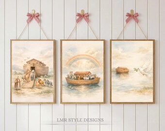 Noahs Ark Wall Art Set Of 3 | Christian Nursery Decor | Bible Story Prints | Watercolor Animal Ark | Neutral Baby Room Decor | Nursery Set