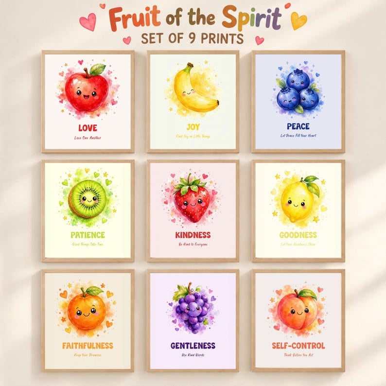 Fruit of the Spirit Wall Art Set of 9 | Christian Nursery Prints ...