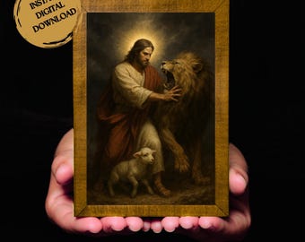 Jesus Protecting the Lamb Canvas | Good Shepherd Wall Art | Christian Decor | Lion and the Lamb | Faith Based | John 10:11 Digital Download