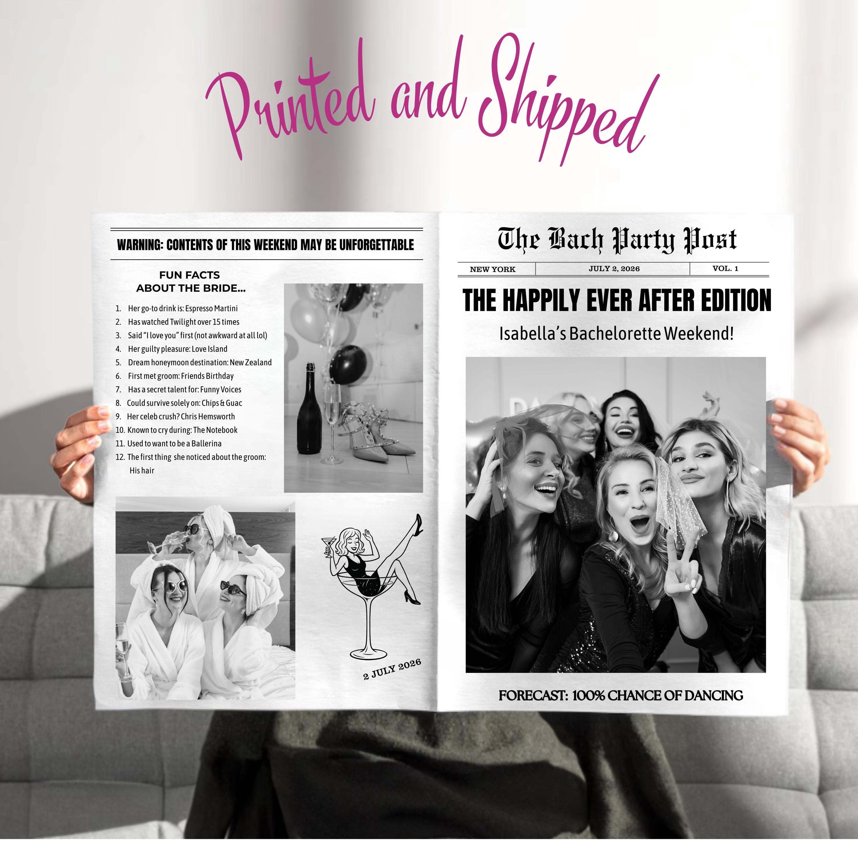 Custom Bachelorette Party Printed and Shipped Newspaper For Bride Custom Bridal Shower Decoration Unique Large Photo Happily Ever After