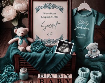 Surprise Pregnancy Announcement Digital We've Been Keeping a Little Secret Green Gender Reveal Social Media Template Facebook Instagram