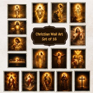 May include: A set of 16 framed Christian wall art prints. The images depict religious figures in warm, golden hues. The collection includes images of Jesus, angels, and biblical scenes, with the text "Christian Wall Art Set of 16".