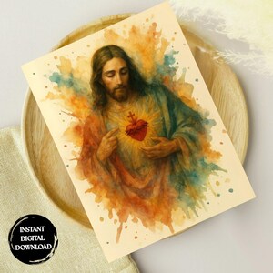Heilig hart van Jezus aquarel katholieke muurkunst | Portretafdruk goddelijke barmhartigheid | Religieus christelijk decor | Schilderij van Jezus heilig hart
