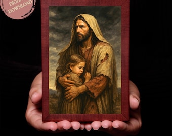 Jesus Holding Child Wall Art Printable | He Loves the Little Children Christian Poster | Religious Digital Download Print | Gift for Dad