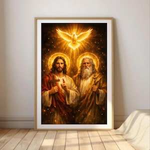 Puede incluir: Obra de arte enmarcada que representa dos figuras con halos, una con una cruz y la otra con un báculo. Una paloma con las alas extendidas irradia luz sobre ellas. La obra de arte está ambientada sobre un fondo oscuro y estrellado.