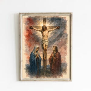 Watercolor Crucifixion of Jesus Wall Art Print | Religious Catholic Decor | Christian Painting of Christ on the Cross | Digital Download