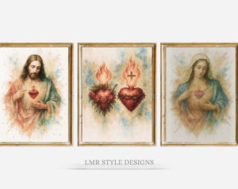 Conjunto de 3 gravuras do Sagrado Coração de Jesus e Maria | Arte de parede para decoração religiosa católica | Imaculado Coração