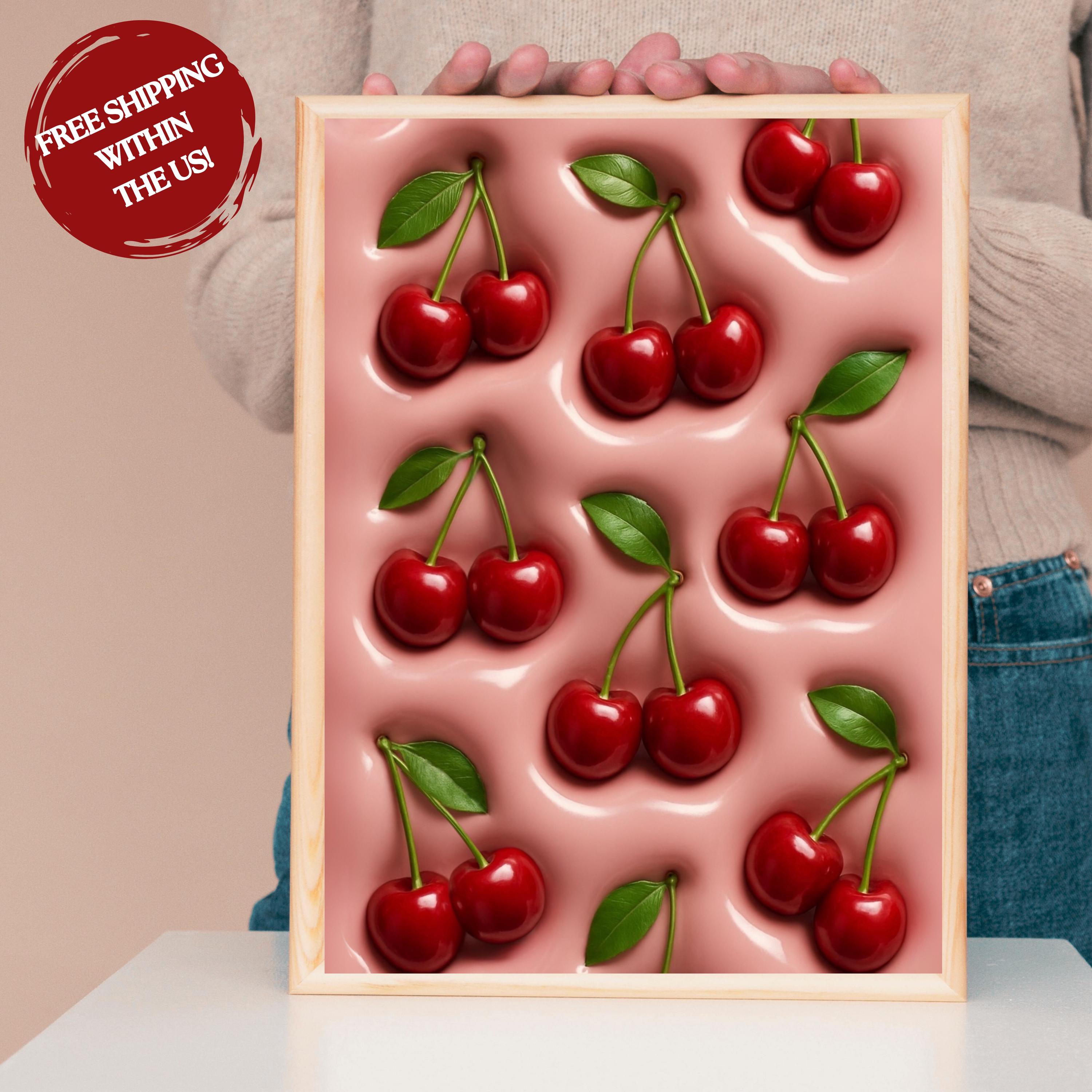 アクリル画 無題 108 『American Cherries』 Retro Cherry Pop Wall Art | Girly Kitchen Decor | Pink and Red