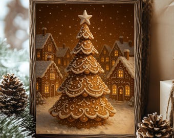 Décoration murale arbre de Noël en pain d'épice | Décoration murale village d'hiver | Impression de cuisine des fêtes de fin d'année | Téléchargement numérique