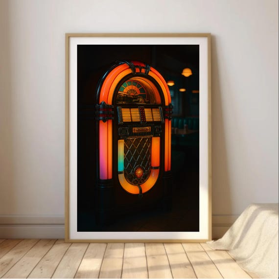 Retro Jukebox Print | 1950s Diner | Orange Neon Music Room Art
