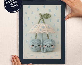 Adorable Blue Cherry Amigurumi Wall Art | Kawaii Crochet Fruit Under Umbrella | Cute Nursery Print Rainy Day Whimsical Soft Pastel Decor