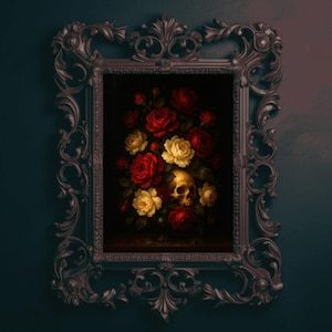 Vintage Floral Skull Wall Art Print | Baroque Style Gothic Rose Bouquet - Dark Romantic Still Life Poster Decor | Digital Download