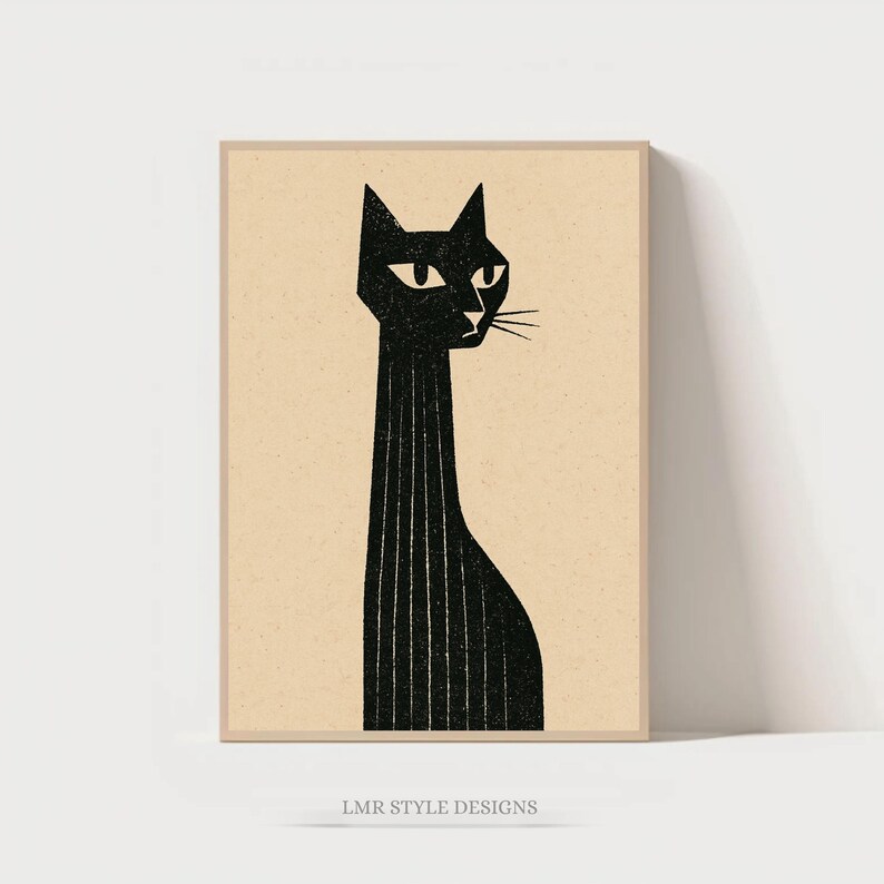 Mid Century Black Cat Wall Art | Modern Cat Print | Minimalist Feline ...